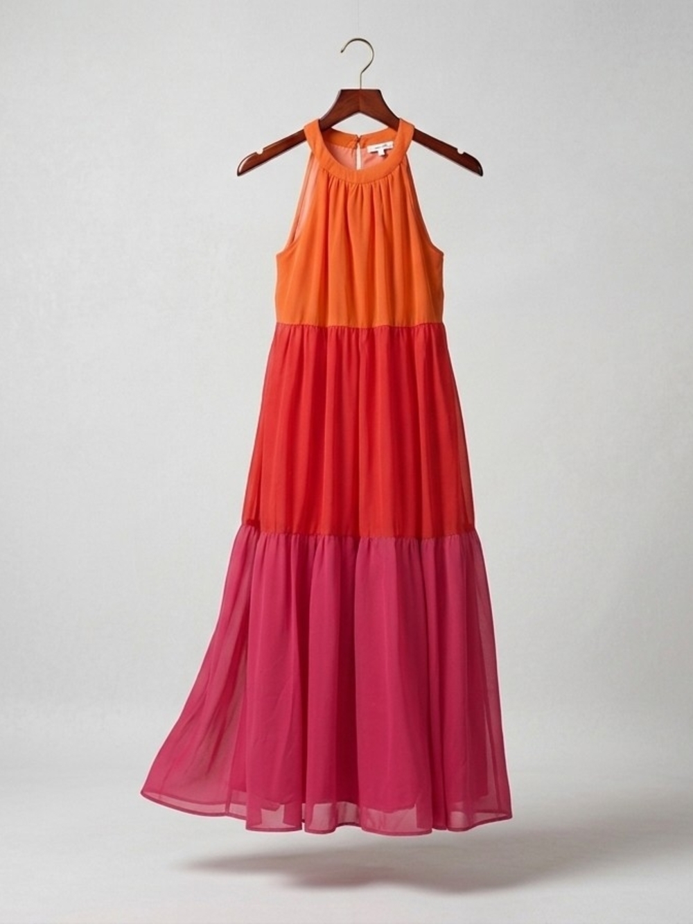Andree by Unit Maxi Dress S Small Colorblock Halter Tiered Orange Pink Red